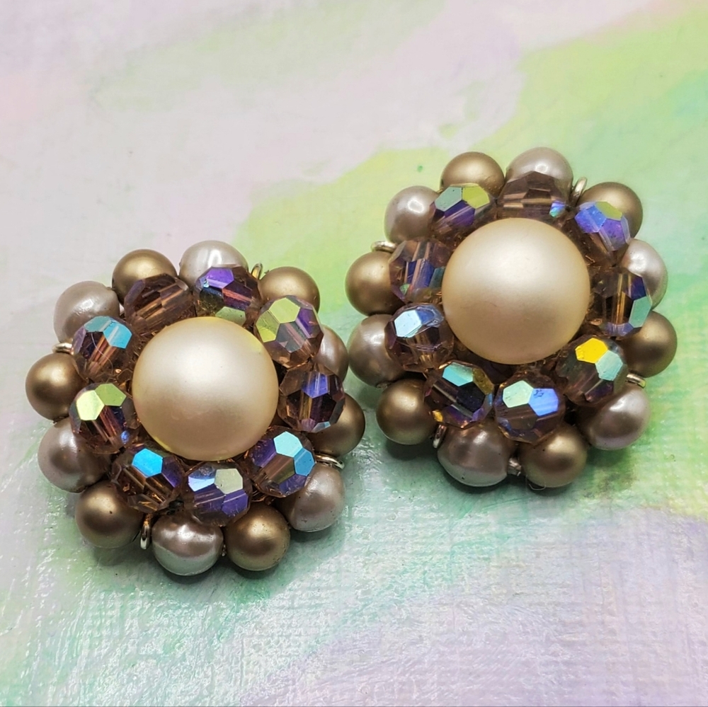 Richlieu Earrings Crystal Pearl Cluster Clip On Auroa Borealis Ks